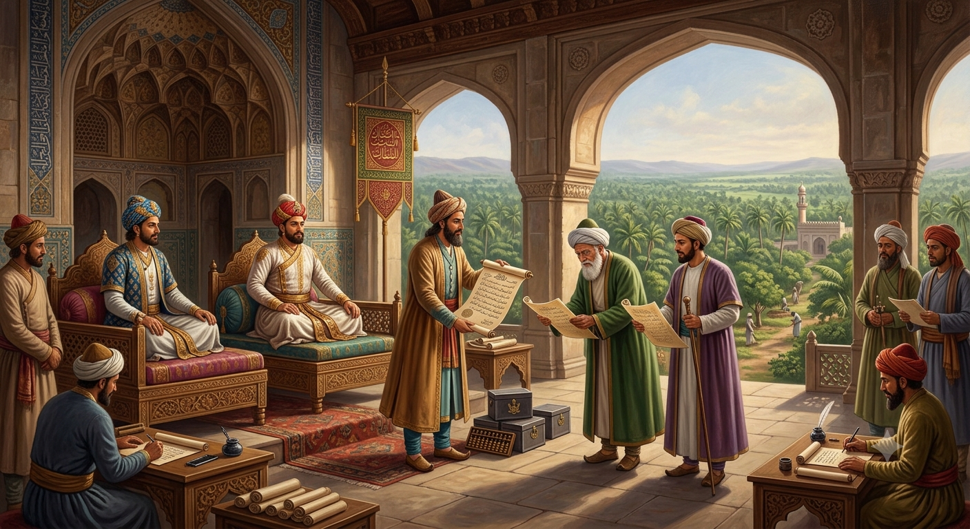 Persian scholars overlooking the sprawling wadi plantations of Shrivardhan