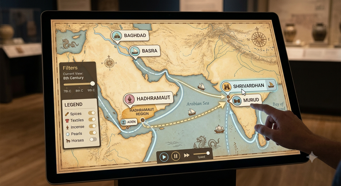 Historical map tracing trade migrations from Baghdad to Shrivardhan and Murud