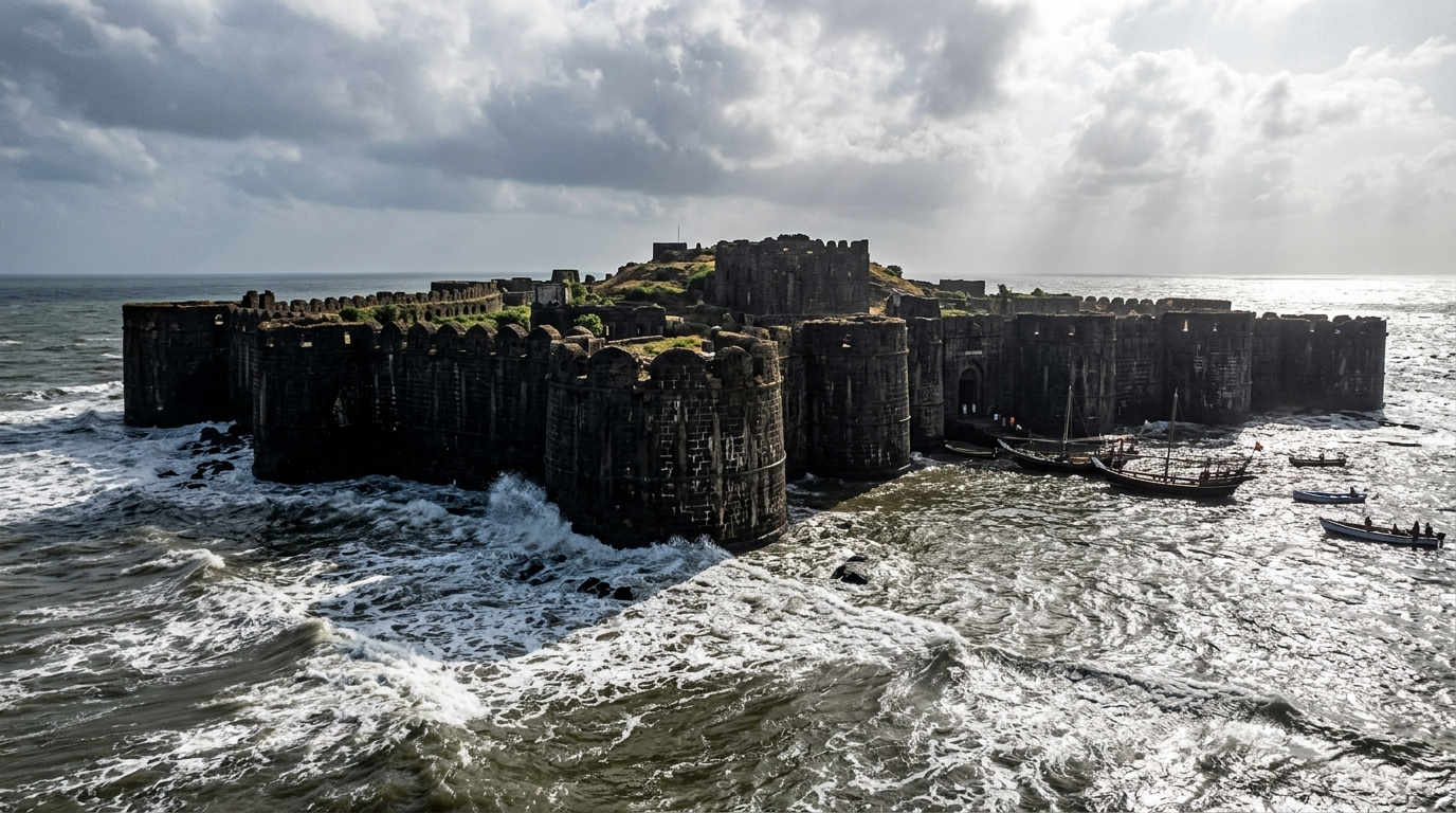 Aerial view of the majestic and unconquered Murud-Janjira marine fortress cutting through the ocean waves