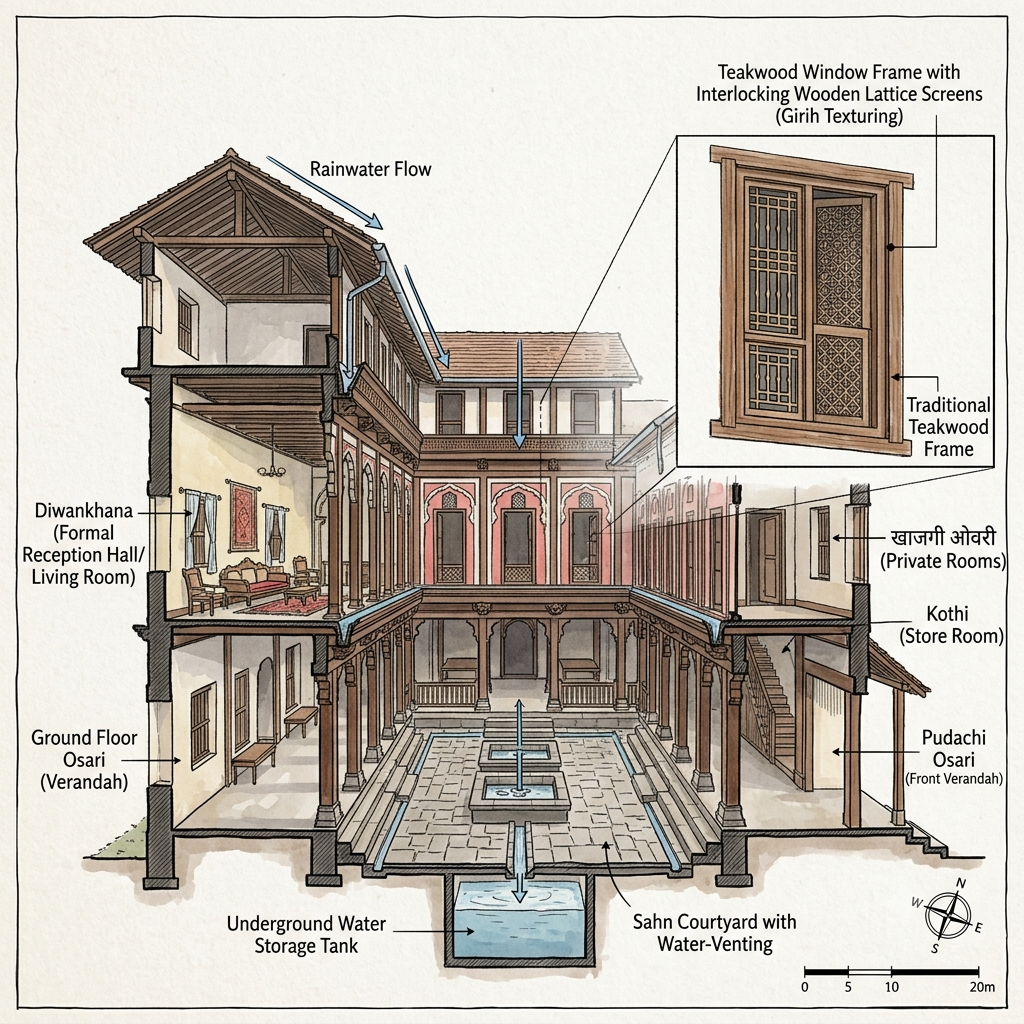 Architectural cross-section of a traditional Konkani Muslim Wada home detailing the Diwankhana