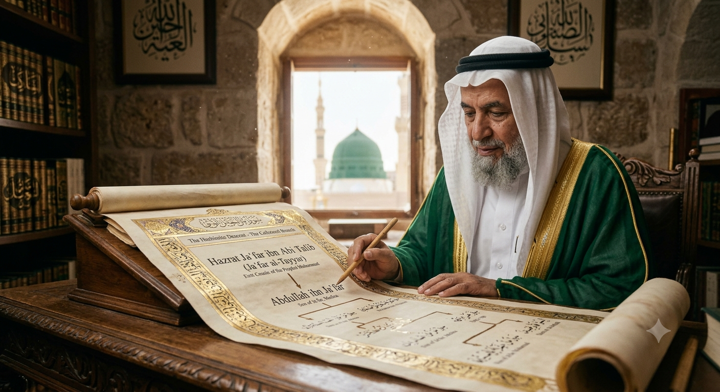 Scholar compiling the traditional genealogical parchment Shajra scroll