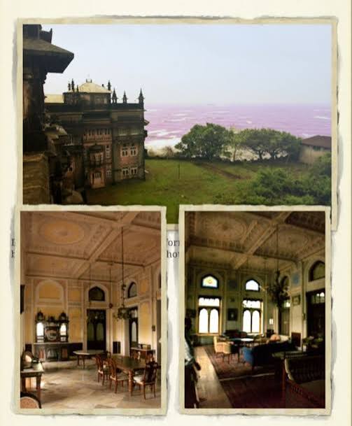 Collage of ancestral Wada interiors showing chandeliers and high ceilings